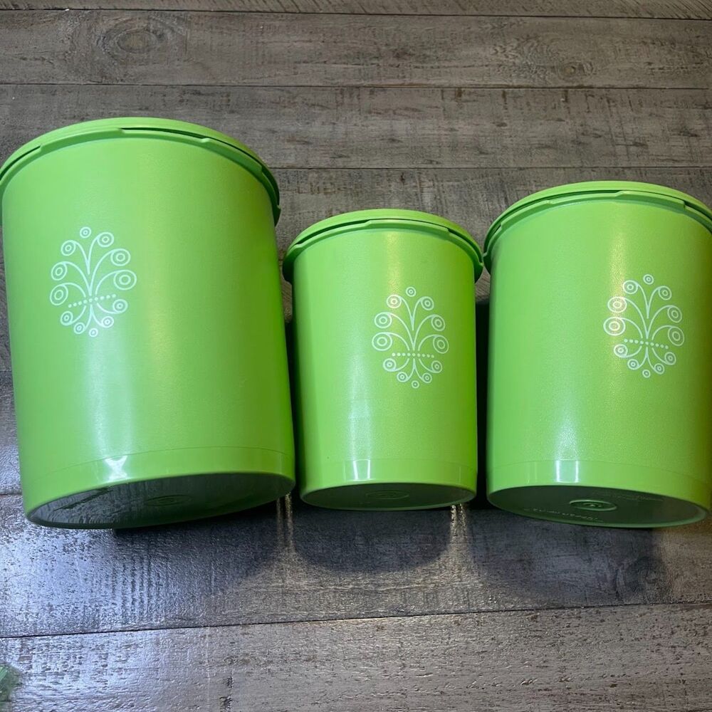 Vintage Servalier Tupperware Nest Cannister Apple Green Set Flour Sugar Storage